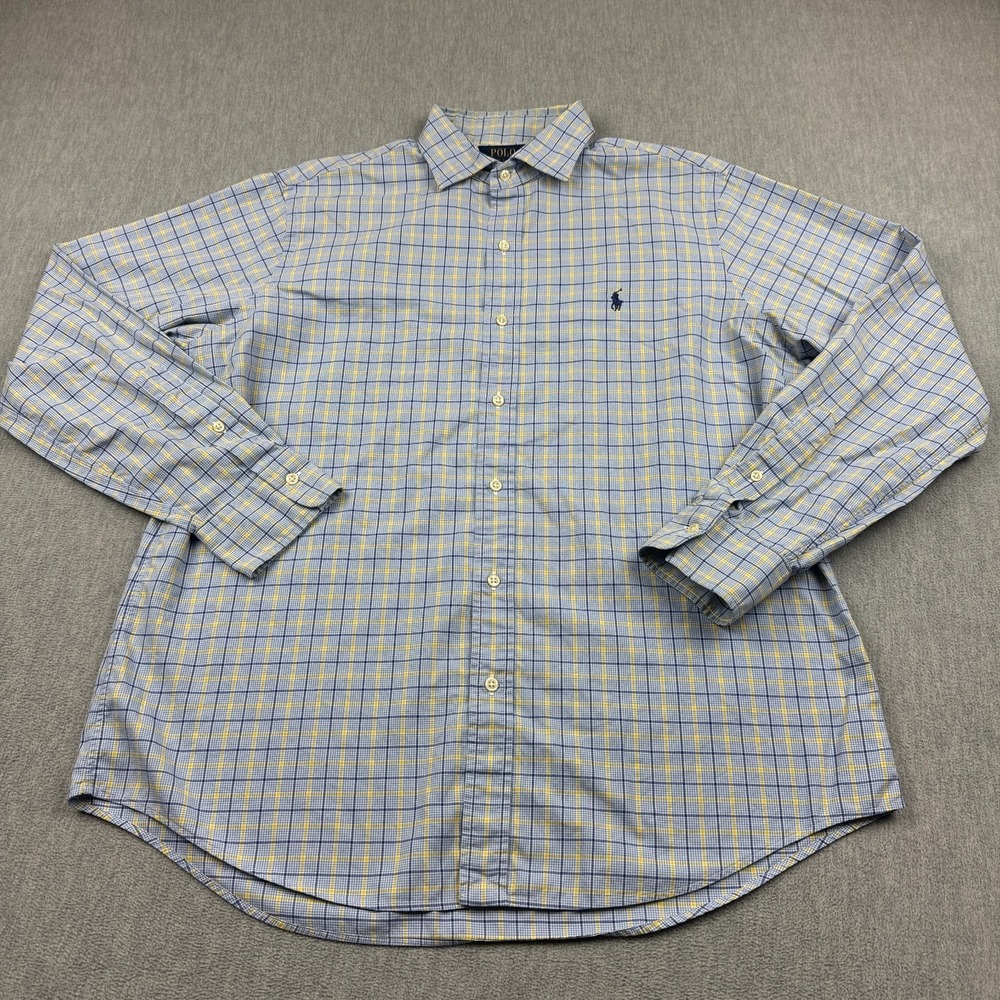Polo Ralph Lauren Shirt Mens Large Blue Check Plaid Classic Fit Cotton Stretch